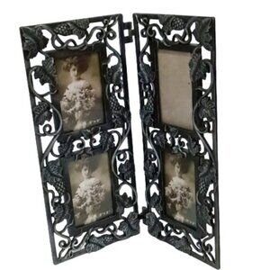 Vtge Metal Bi-Fold Rectangular Four-Picture Photo Frame Black Grape Vine Decor‎